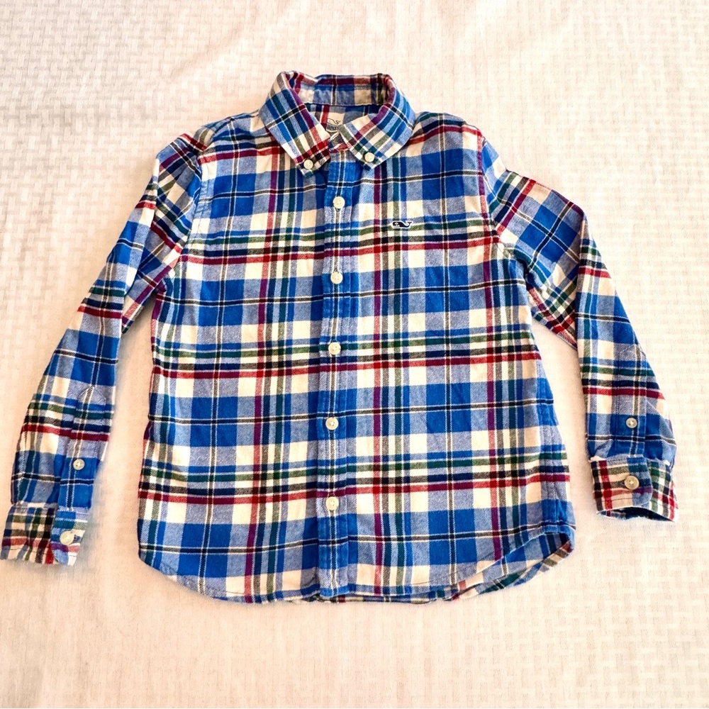 Vineyard Vines Shirt Boys 7 Blue Plaid Flannel Button Up Whale‎ Cotton Preppy